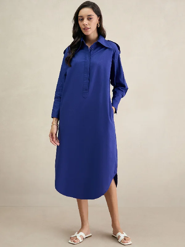 Blue Cotton Shirt Maxi Dress Comfortable Bohemian Maxi Dress