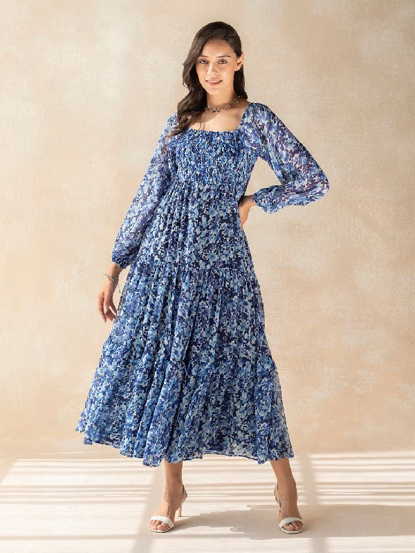 Blue Floral Tiered Maxi Dress Comfortable Maxi Dress with Belt