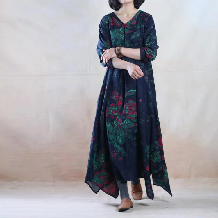 Blue floral cotton maxi dress long linen dress gown plus size - Blooming garden Fashionable Printed Maxi Dress Blue floral cotton maxi dress long linen dress gown plus size - Blooming garden Fashionable Printed Maxi Dress