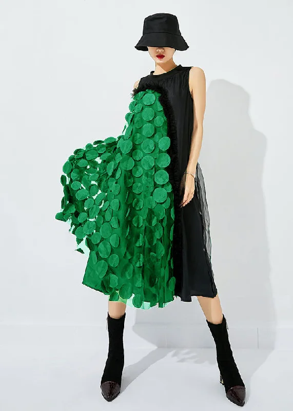 Bohemian Black-Green Dot Asymmetrical Patchwork Wrinkled Tulle Maxi Dress Sleeveless Stylish Button-Up Maxi Dress Bohemian Black-Green Dot Asymmetrical Patchwork Wrinkled Tulle Maxi Dress Sleeveless Stylish Button-Up Maxi Dress