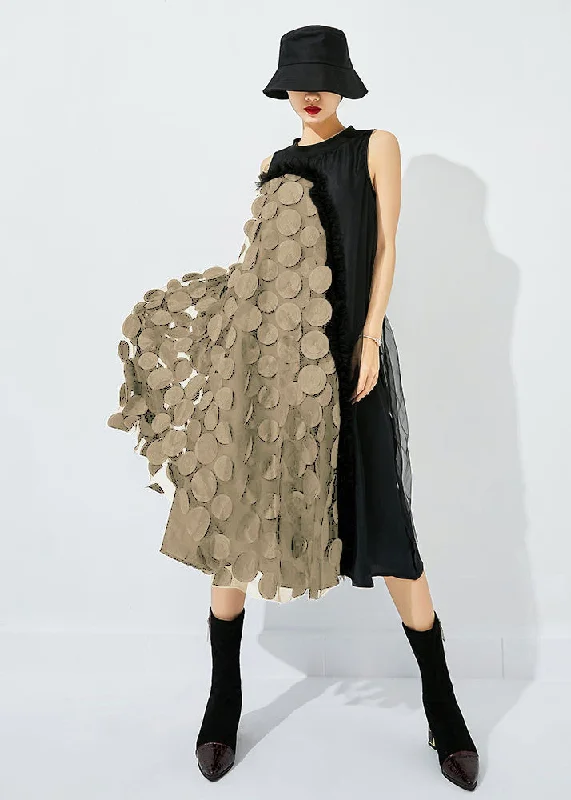 Bohemian Black-Khaki Dot Asymmetrical Patchwork Wrinkled Tulle Maxi Dress Sleeveless Trendy Printed Maxi Dress Bohemian Black-Khaki Dot Asymmetrical Patchwork Wrinkled Tulle Maxi Dress Sleeveless Trendy Printed Maxi Dress
