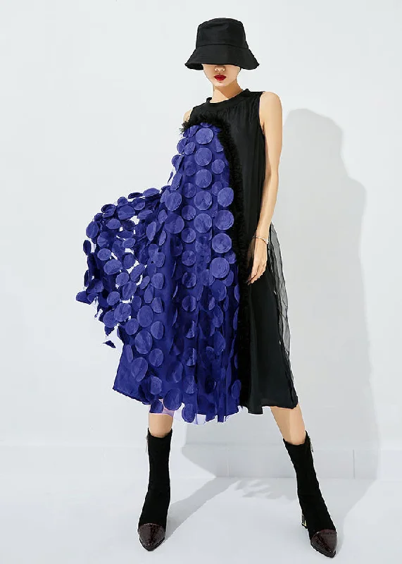 Bohemian Black-Blue Dot Asymmetrical Patchwork Wrinkled Tulle Maxi Dress Sleeveless Classic Tulle Maxi Dress Bohemian Black-Blue Dot Asymmetrical Patchwork Wrinkled Tulle Maxi Dress Sleeveless Classic Tulle Maxi Dress