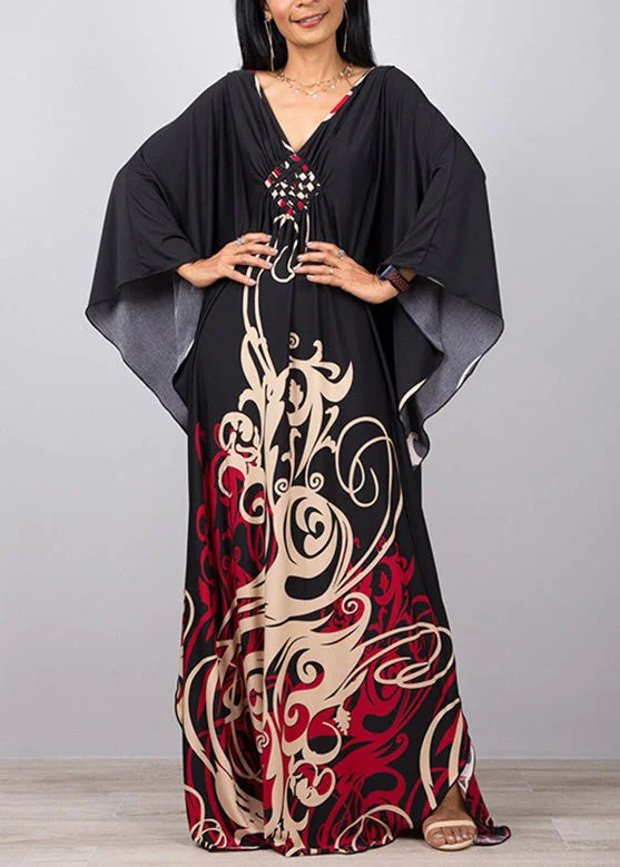 Bohemian Black V Neck Print Holiday Maxi Dress Long Sleeve Cozy Open-Back Maxi Dress Bohemian Black V Neck Print Holiday Maxi Dress Long Sleeve Cozy Open-Back Maxi Dress
