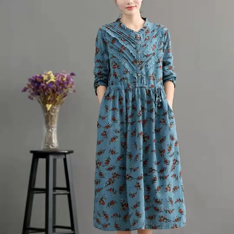 Bohemian Blue Pockets Print Loose Fall Maxi Dress Long sleeve Fashionable High-Low Maxi Dress Bohemian Blue Pockets Print Loose Fall Maxi Dress Long sleeve Fashionable High-Low Maxi Dress