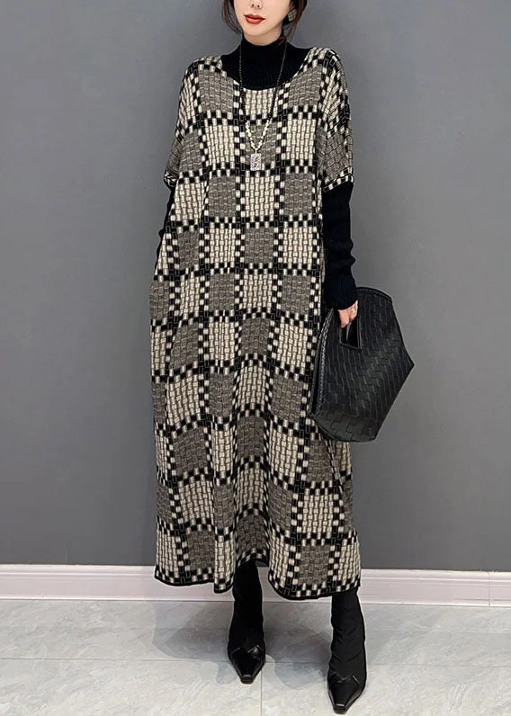 Bohemian Khaki Hign Neck Plaid Knit Maxi Dresses Winter Trendy Button Front Maxi Dress Bohemian Khaki Hign Neck Plaid Knit Maxi Dresses Winter Trendy Button Front Maxi Dress
