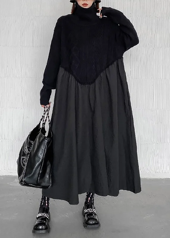 Boutique Black Turtleneck Patchwork Wrinkled Knit Maxi Dresses Winter Elegant Maxi Dress with Belt Boutique Black Turtleneck Patchwork Wrinkled Knit Maxi Dresses Winter Elegant Maxi Dress with Belt