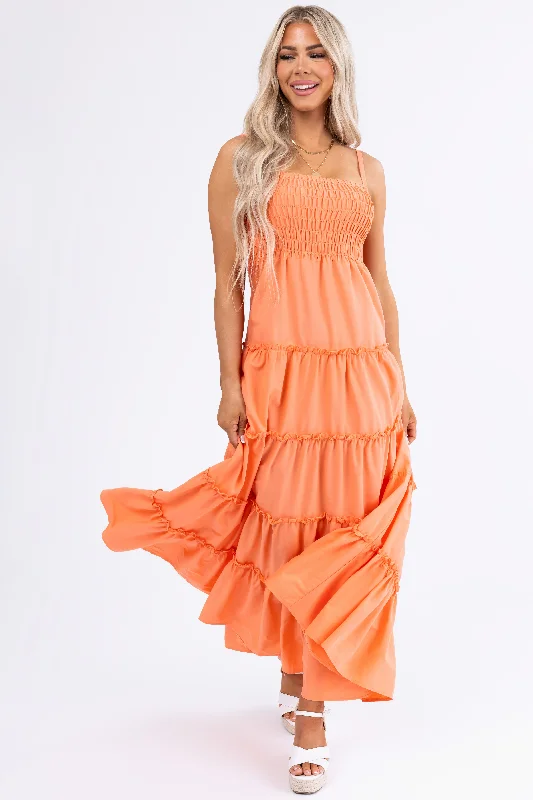 Coral Smocked Top Tiered Maxi Dress Elegant Pleated Maxi Dress