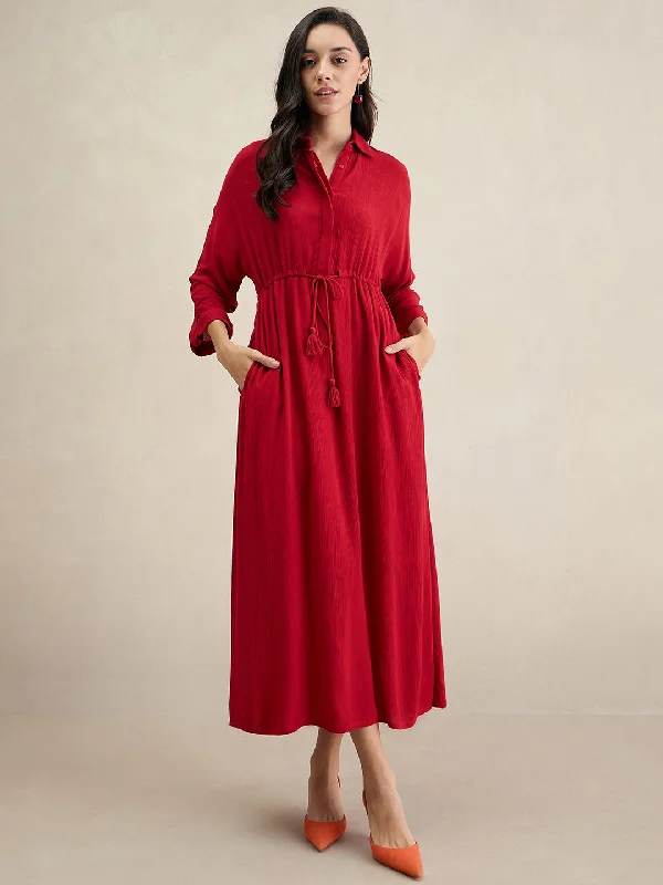 Cranberry Crinkled Shirt Maxi Dress Fashionable Chiffon Maxi Dress