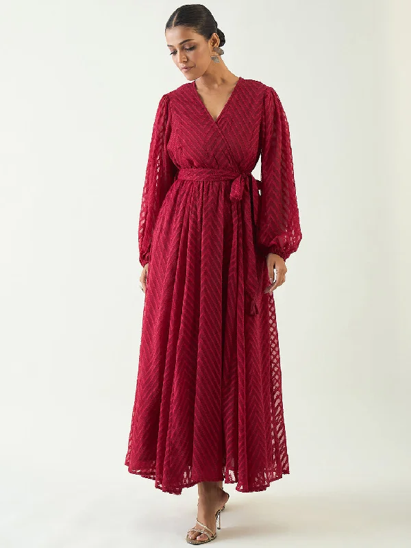 Deep Red Chevron Dobby Wrap Maxi Dress Comfortable Satin Maxi Dress