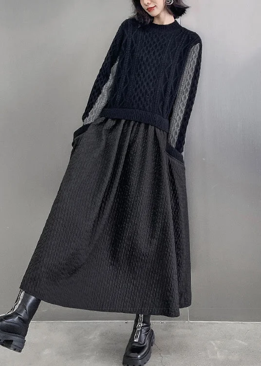Elegant Black O-Neck Patchwork Knit Maxi Dresses Winter Comfortable Fitted Maxi Dress Elegant Black O-Neck Patchwork Knit Maxi Dresses Winter Comfortable Fitted Maxi Dress
