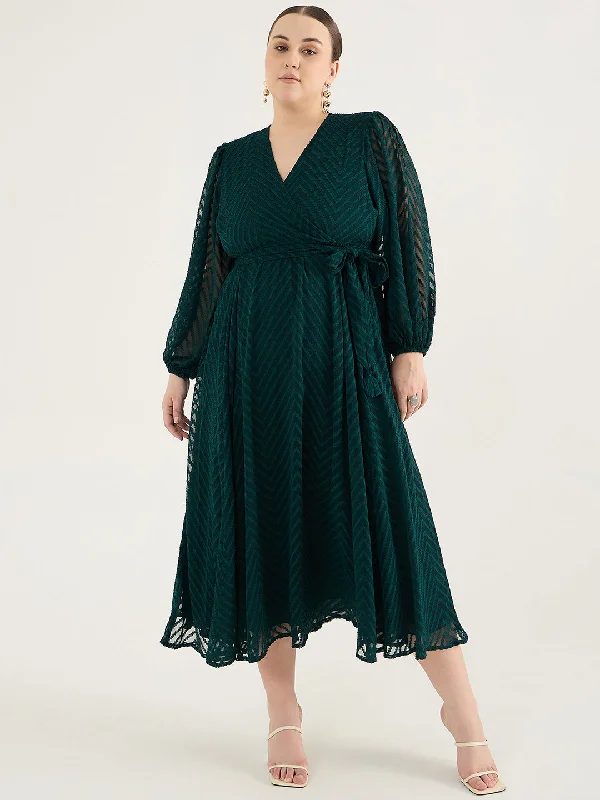 Forest Green Chevron Dobby Wrap Maxi Dress Stylish Pleated A-Line Maxi Dress