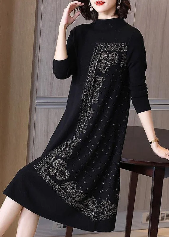 French Black High Neck Jacquard Wool Maxi Dresses Spring Comfortable Plunging Neckline Maxi Dress French Black High Neck Jacquard Wool Maxi Dresses Spring Comfortable Plunging Neckline Maxi Dress