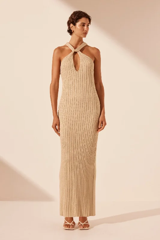 LIVIA HALTER MAXI DRESS - CHAMPAGNE Classic Solid Maxi Dress