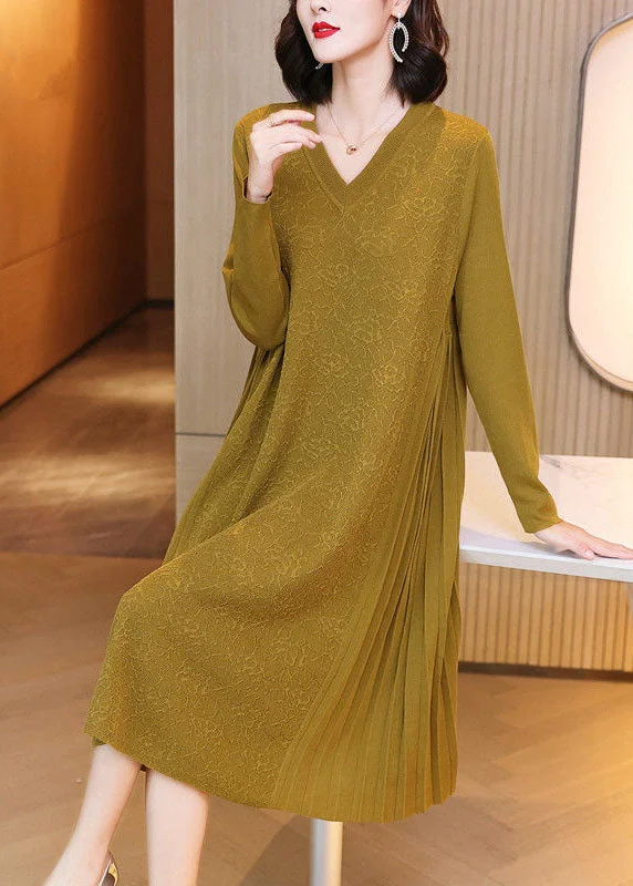 Loose Yellow V Neck Patchwork Wrinkled Jacquard Knit Maxi Dresses Spring Stylish One-Shoulder Maxi Dress Loose Yellow V Neck Patchwork Wrinkled Jacquard Knit Maxi Dresses Spring Stylish One-Shoulder Maxi Dress