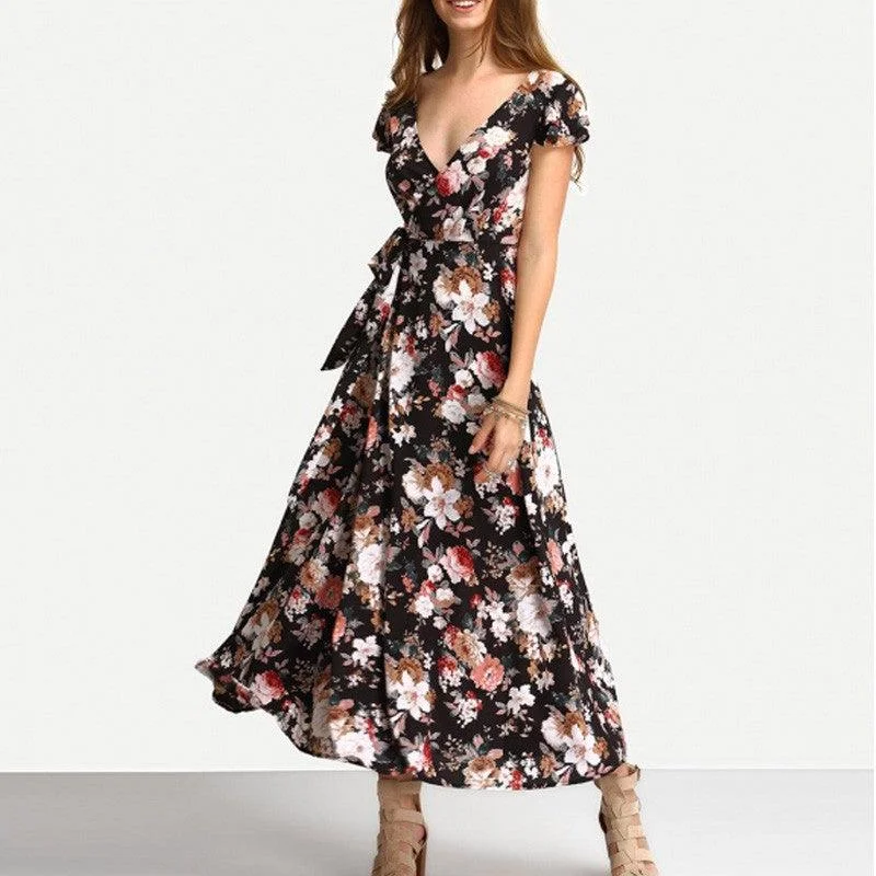 MIDNIGHT FLOWERS WRAP MAXI DRESS Comfortable Ruffle Maxi Dress