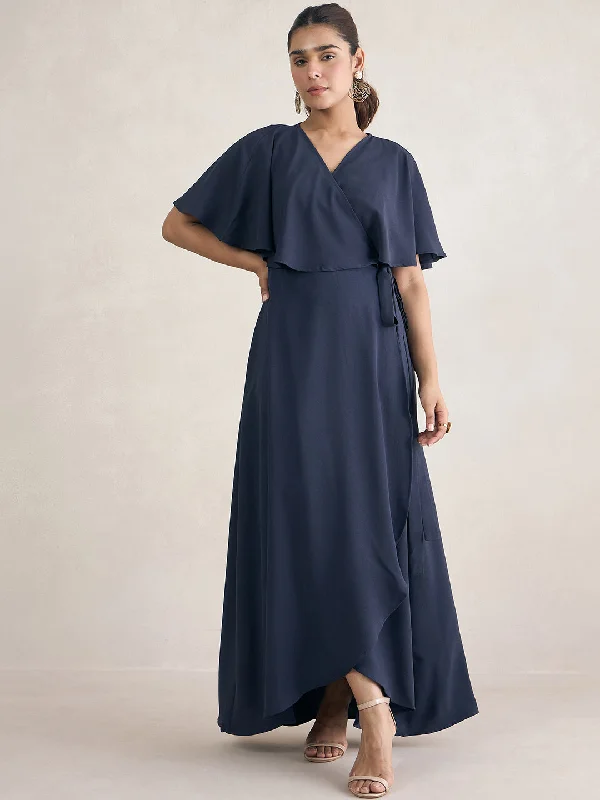 Navy Wrap Formal Maxi Dress Elegant Tiered Maxi Dress