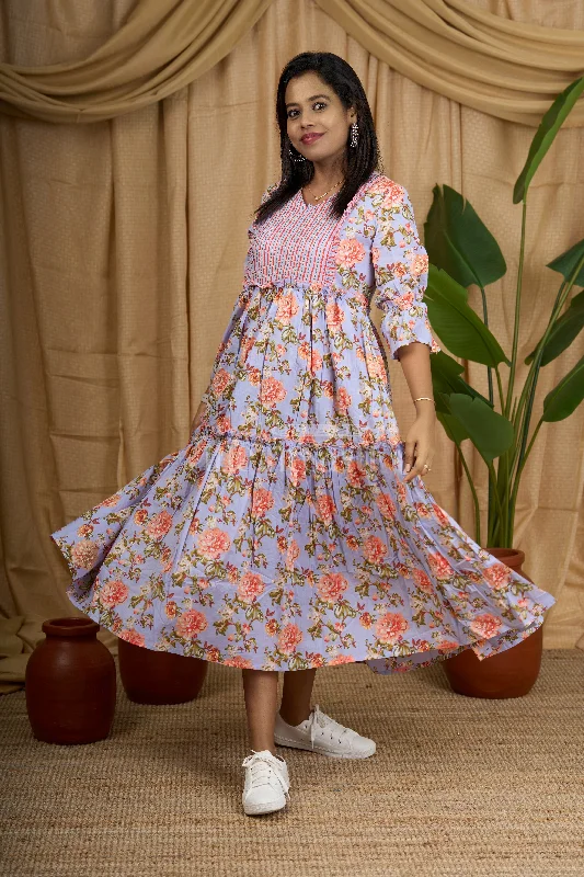 Blue Floral Cotton Maxi Dress with Ruffled Sleeves and Striped Pattern Chic Boho Print Maxi Dress Blue Floral Cotton Maxi Dress with Ruffled Sleeves and Striped Pattern Chic Boho Print Maxi Dress