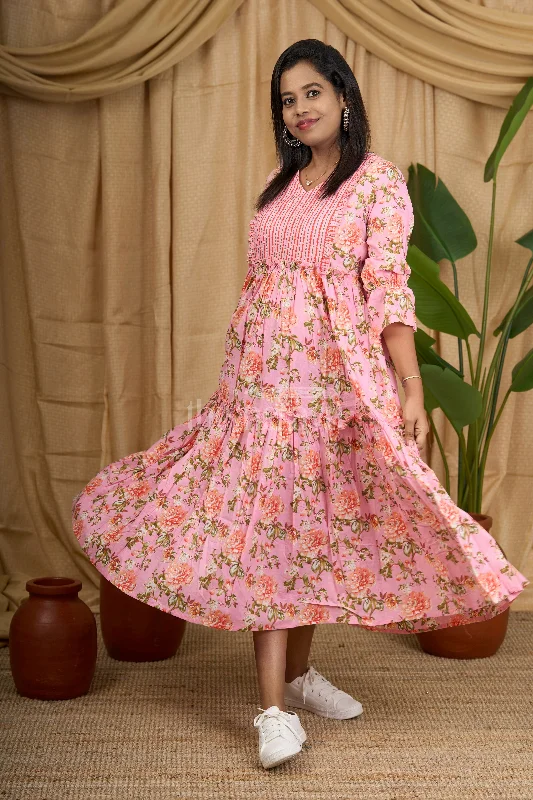 Pink Striped Cotton Maxi Dress with Floral Inner Lining and Ruffled Sleeves Trendy Maxi Dress with Bow Pink Striped Cotton Maxi Dress with Floral Inner Lining and Ruffled Sleeves Trendy Maxi Dress with Bow