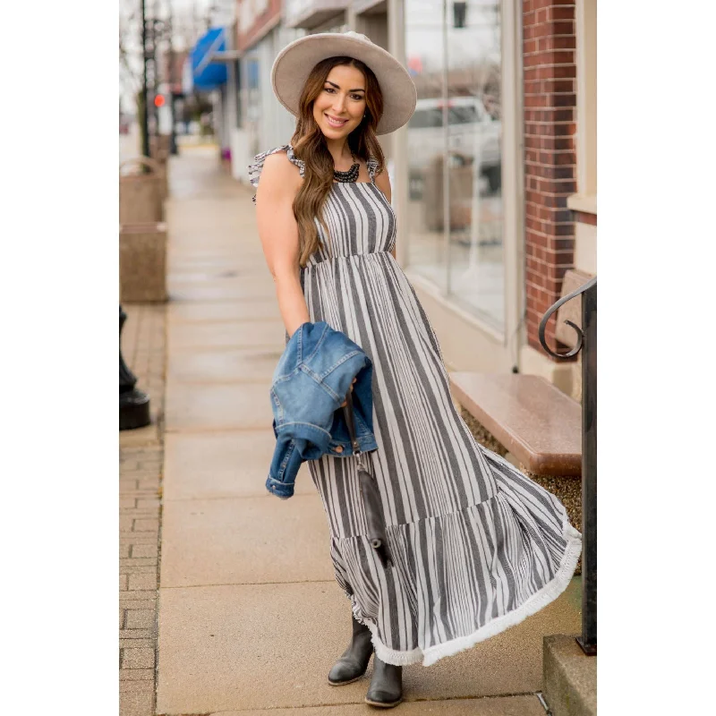 Stripe Fringe Bottom Maxi Dress Comfortable Maxi Dress with Slits