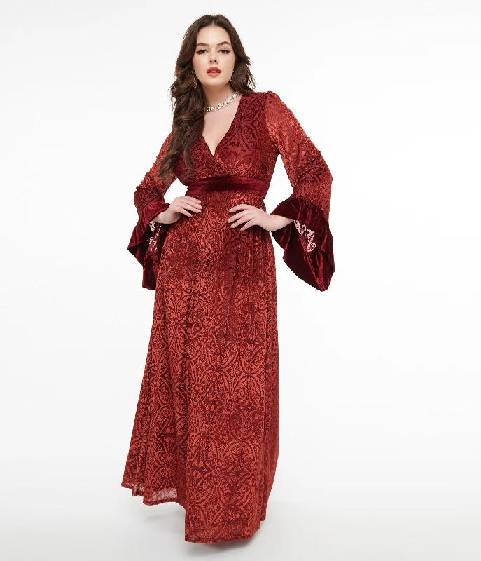 Unique Vintage 1970s Burgundy Velvet Burnout Maxi Dress Trendy Maxi Dress with Straps Unique Vintage 1970s Burgundy Velvet Burnout Maxi Dress Trendy Maxi Dress with Straps