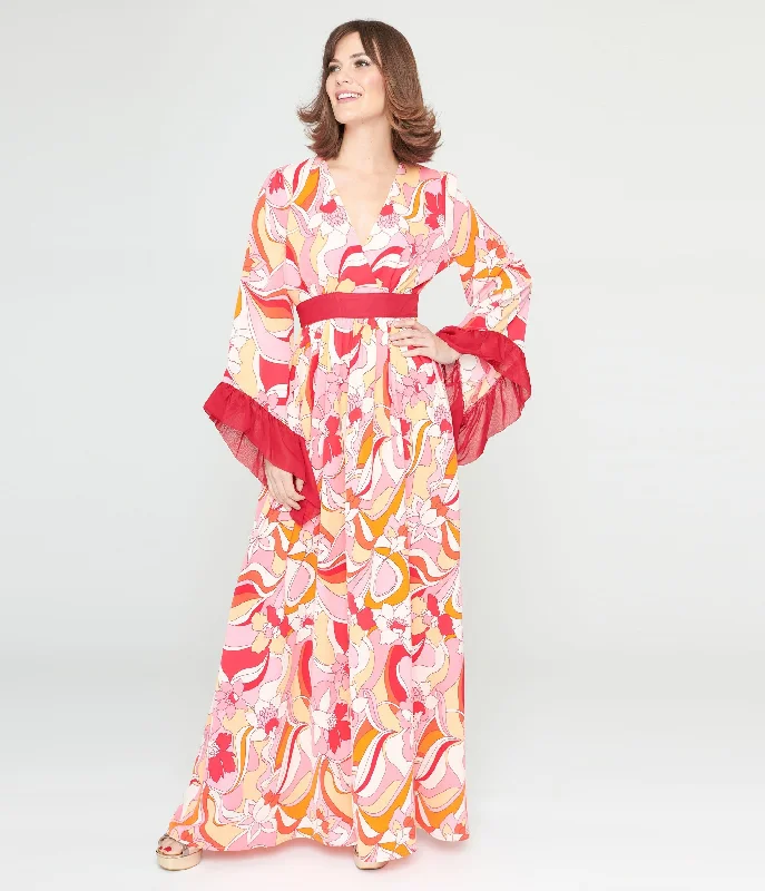 Unique Vintage 1970s Pink & Red Psychedelic Floral Maxi Dress Elegant Maxi Dress with Lace Unique Vintage 1970s Pink & Red Psychedelic Floral Maxi Dress Elegant Maxi Dress with Lace