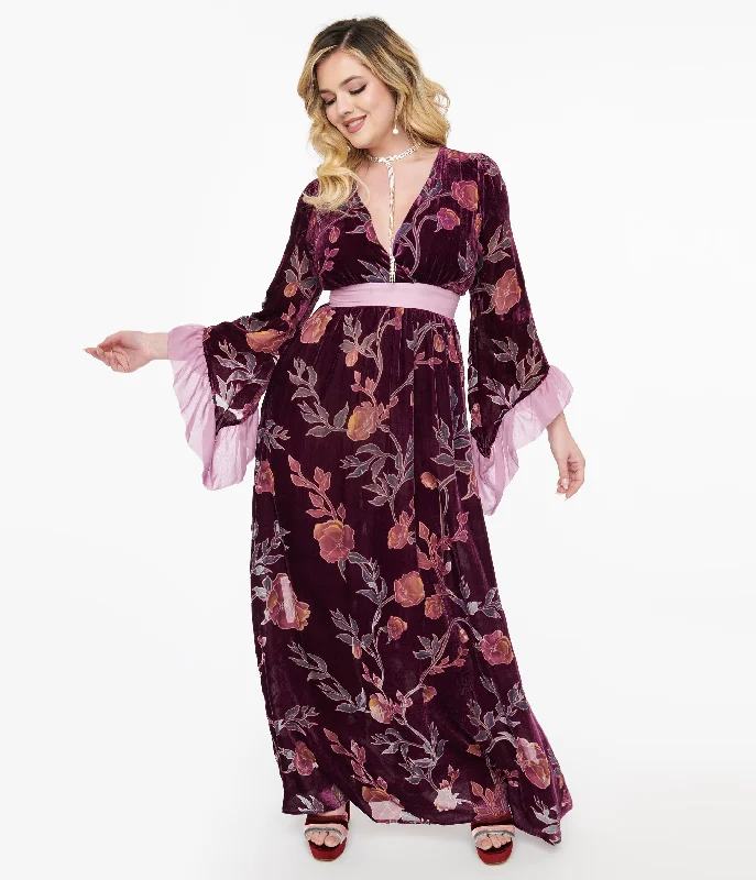 Unique Vintage 1970s Purple Floral Burnout Velvet Maxi Dress Comfortable Ruffle Maxi Dress Unique Vintage 1970s Purple Floral Burnout Velvet Maxi Dress Comfortable Ruffle Maxi Dress