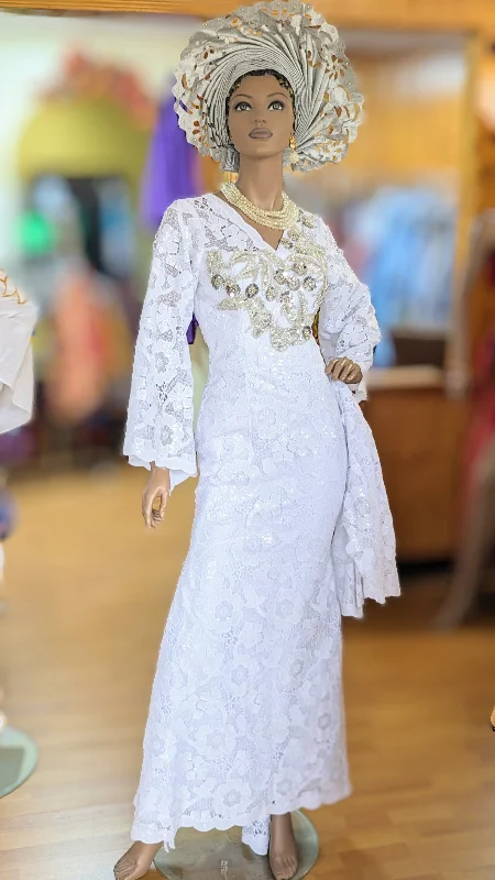 Tiwah White African Sequin Lace Maxi Dress-DPXWLS02 Cozy Maxi Dress with Slit