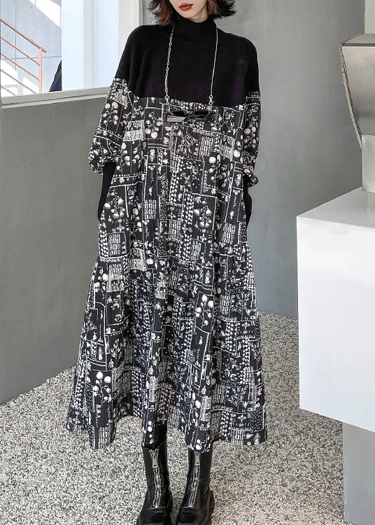 Vogue Black Stand Collar Knit Patchwork Print Maxi Dresses Winter Chic Boho Print Maxi Dress Vogue Black Stand Collar Knit Patchwork Print Maxi Dresses Winter Chic Boho Print Maxi Dress