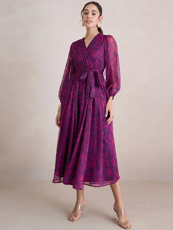 Wine Paisley Print Wrap Maxi Dress Elegant Maxi Dress with Ruffles