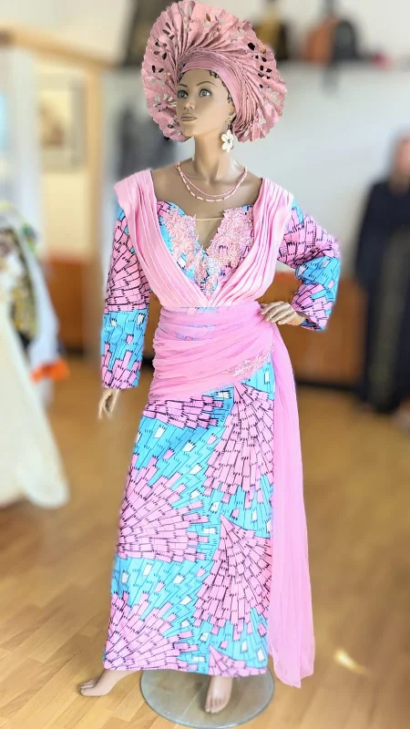 Zarra Baby-Pink and Sky-Blue African Print Ankara Maxi Dress-DPXBPSB1 Comfortable Pleated Maxi Dress Zarra Baby-Pink and Sky-Blue African Print Ankara Maxi Dress-DPXBPSB1 Comfortable Pleated Maxi Dress