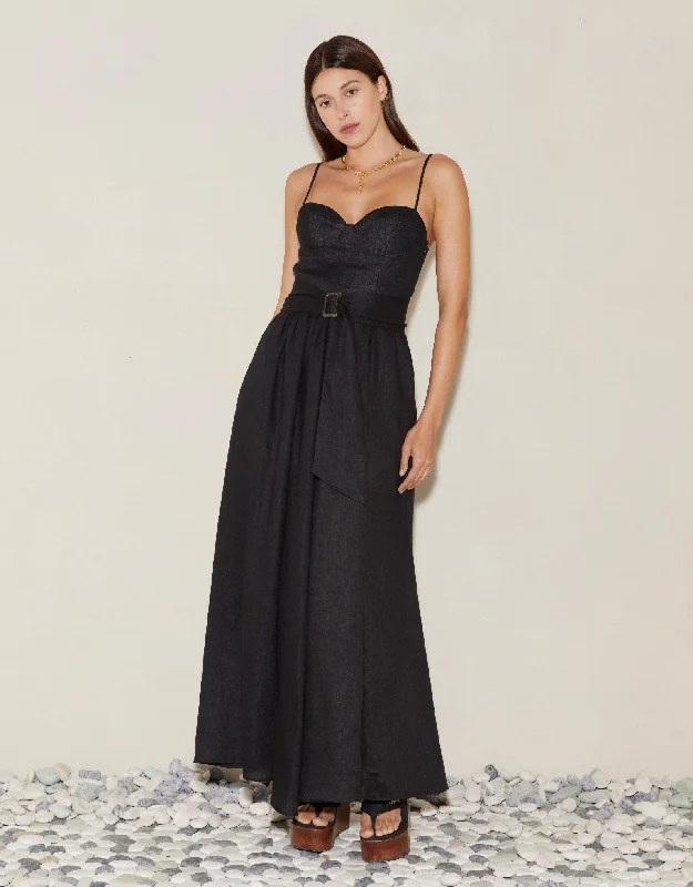 Alfresco Bodice Linen Maxi Dress Black