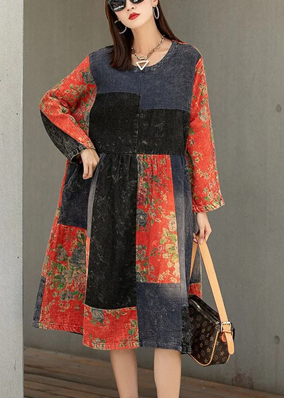 Classy Colorblock Print Patchwork Pockets Fall Maxi Dresses Half Sleeve