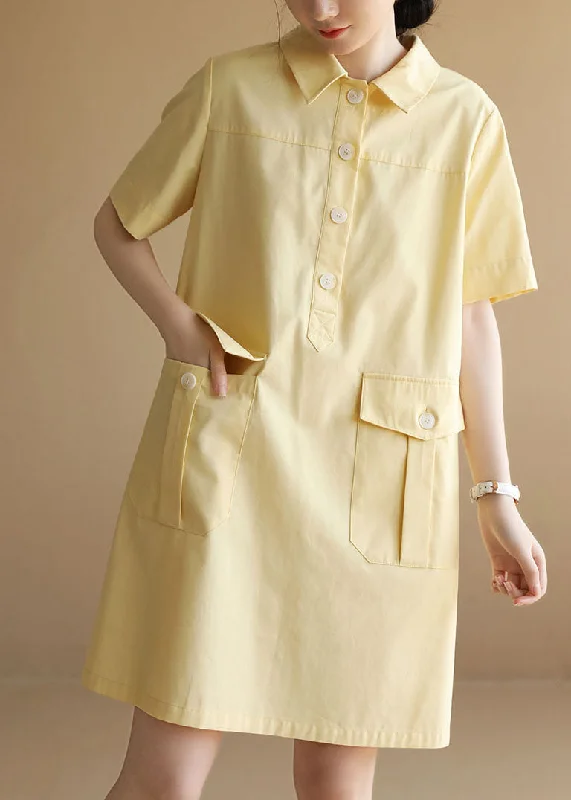 Classy Solid Yellow Peter Pan Collar Pockets Button Cotton Maxi Dress Short Sleeve