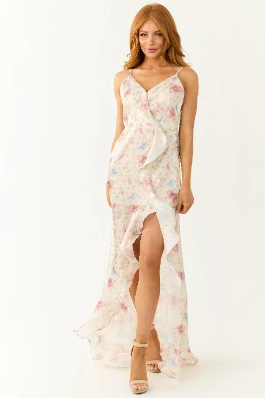 Cream Floral Print Front Slit Satin Maxi Dress