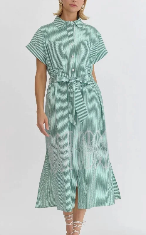 Embroidered Maxi Dress In Green Stripe