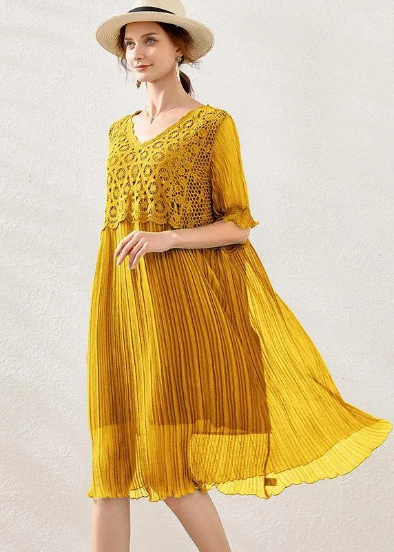 Fitted Yellow V Neck Hollow Out Spring Maxi Dress Short Sleeve