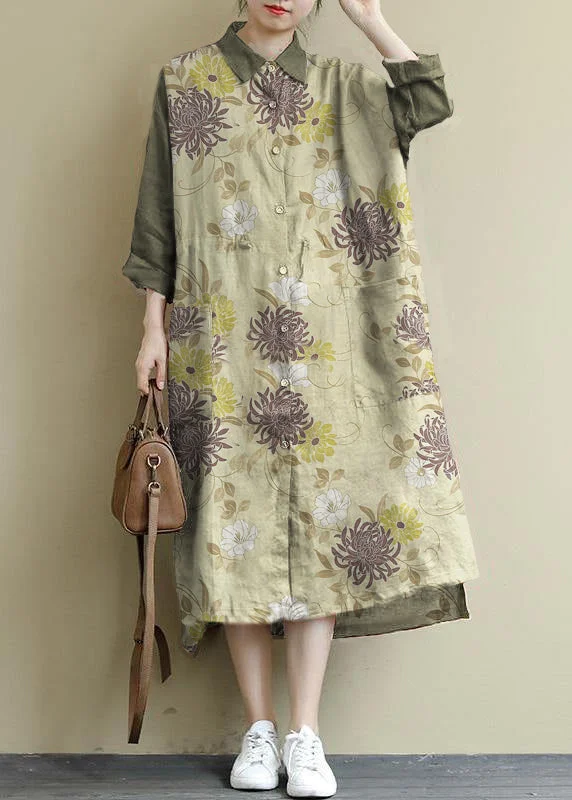 green flower Linen Shirt Dress Casual Oversize Spring Maxi Dresses