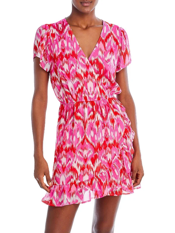 Ikat Womens Ruffled Mini Wrap Dress