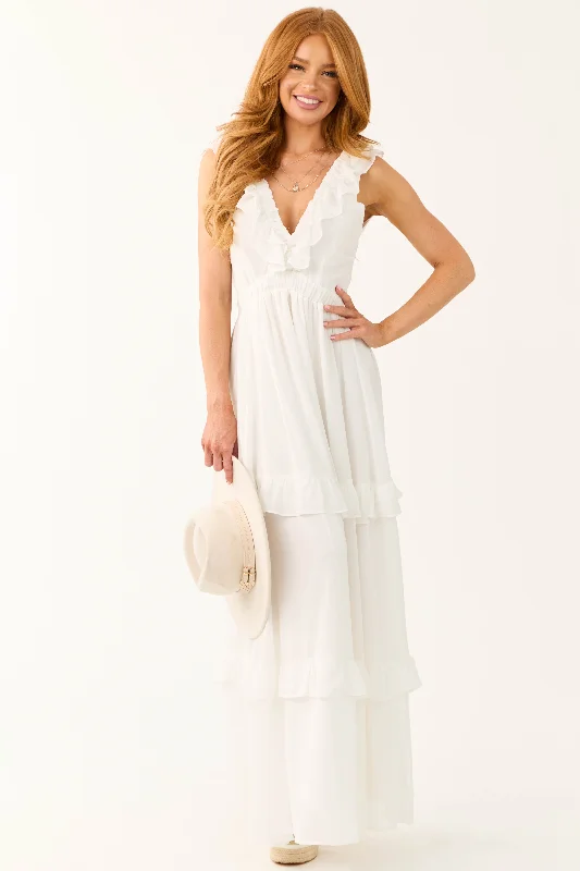 Ivory Ruffle Tiered Sleeveless Maxi Dress