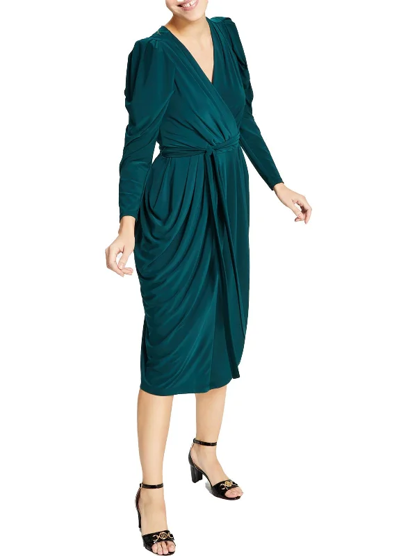 Juniors Womens V-Neck Midi Wrap Dress