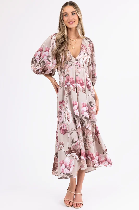 Latte Floral Print Deep V Neck Satin Maxi Dress