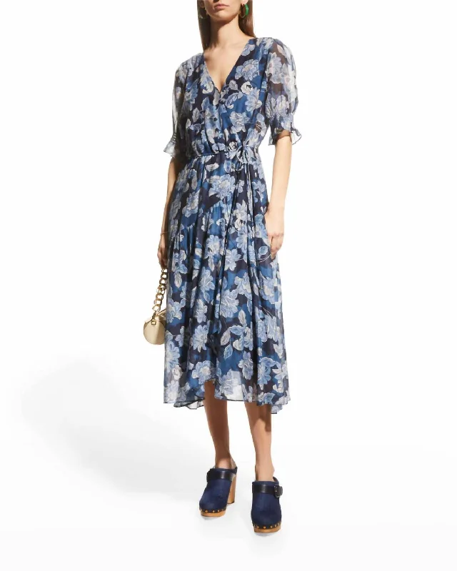 Mar Floral Print Midi Wrap Dress In Blue