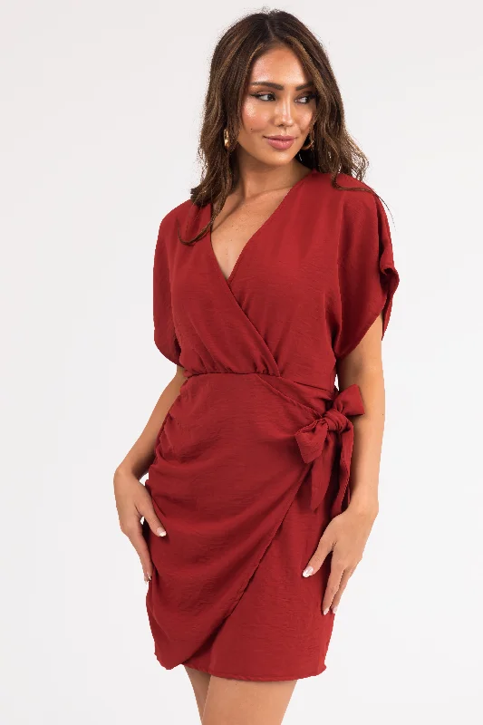 Marsala Short Wrap Dress with Ruching