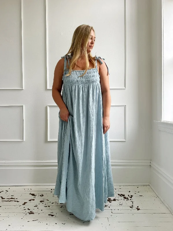 Smocked Muslin Maxi Dress w/ Tie Straps