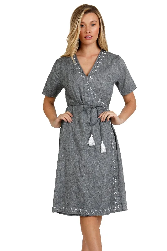 Nadia Wrap Dress Chambray in Charcoal with Ikat Trim