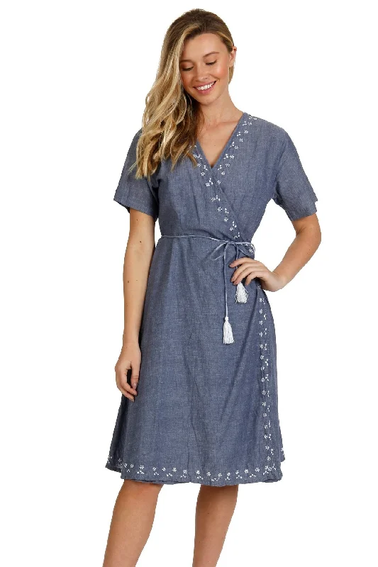 Washed Cotton Nadia Wrap Dress Dark Denim Chambray with Ikat Trim