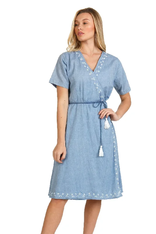 Washed Cotton Chambray Wrap Dress Denim Chambray