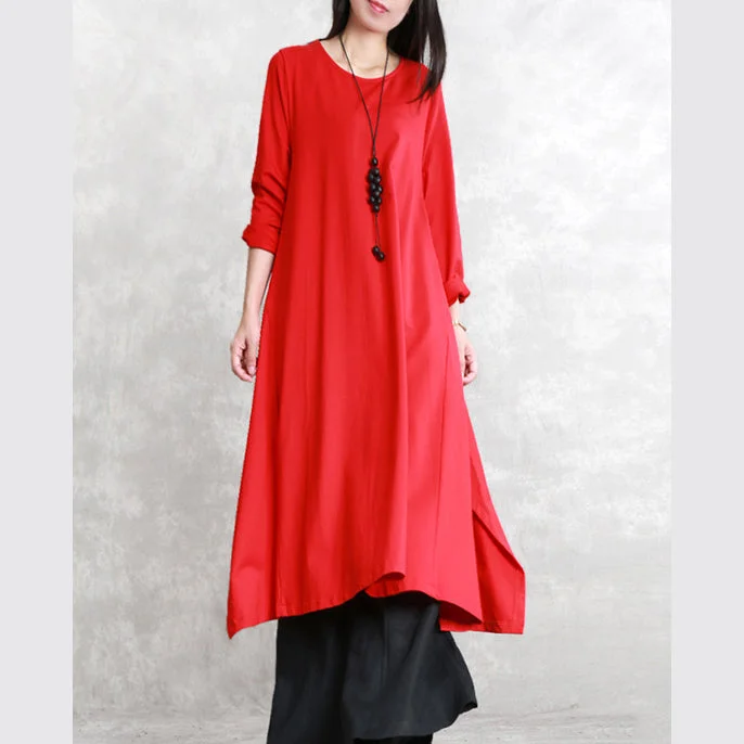 New red fall dress trendy plus size O neck asymmetrical design traveling clothing fine long sleeve side open maxi dresses