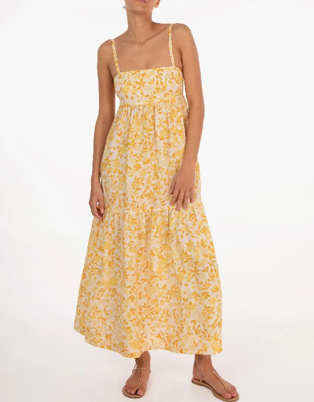 Linen Tiered Maxi Dress, Daffodil Yellow Floral