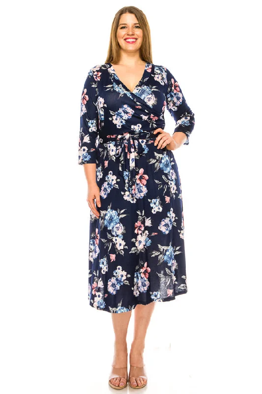 Plus size floral print faux wrap dress